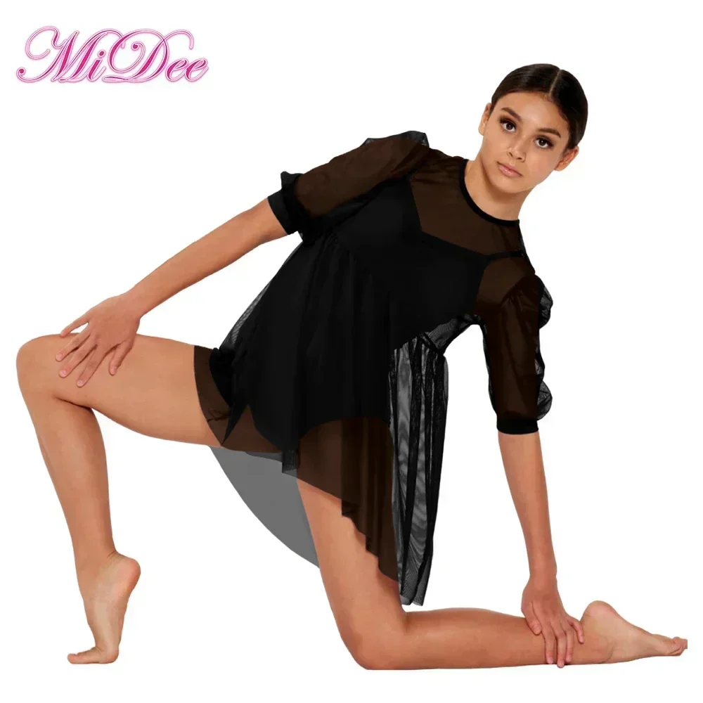 MiDee 2 Piece Babydoll Mesh Dress with Matching Leotard Pullover Skirt Puff Sleeves Modern Lyrical Ballet Dance Costume