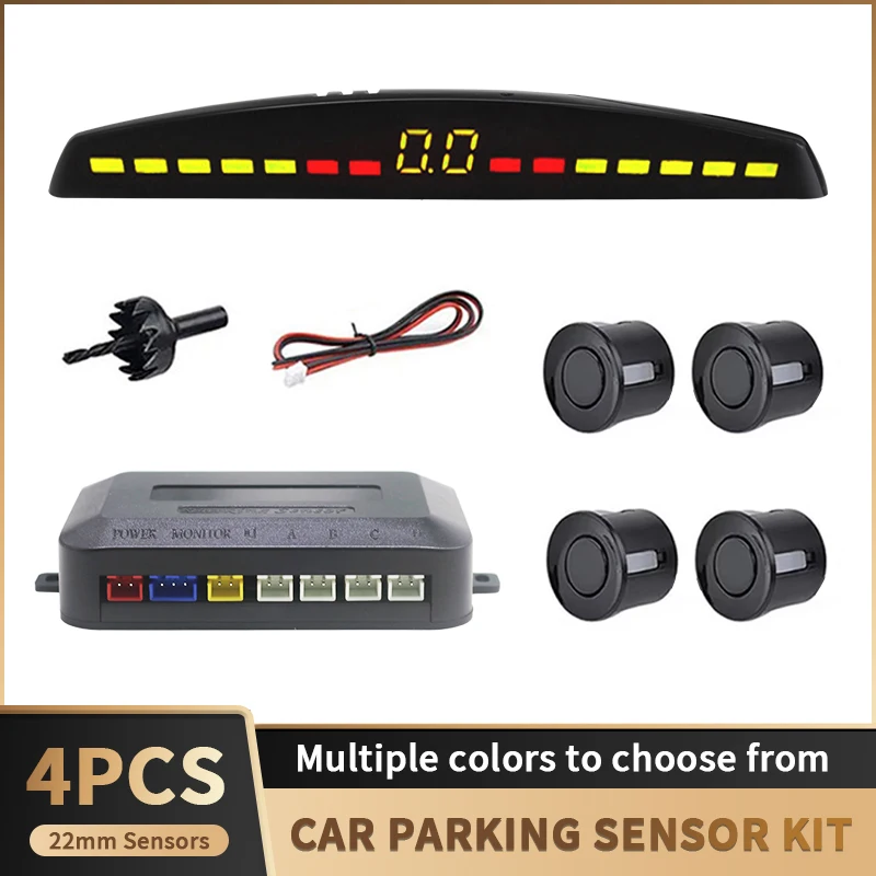

Универсальный автомобильный комплект светодиодных датчиков парковки, 4 датчика, 22 мм, с подсветкой, система мониторинга заднего хода, 12В, 6 цветов