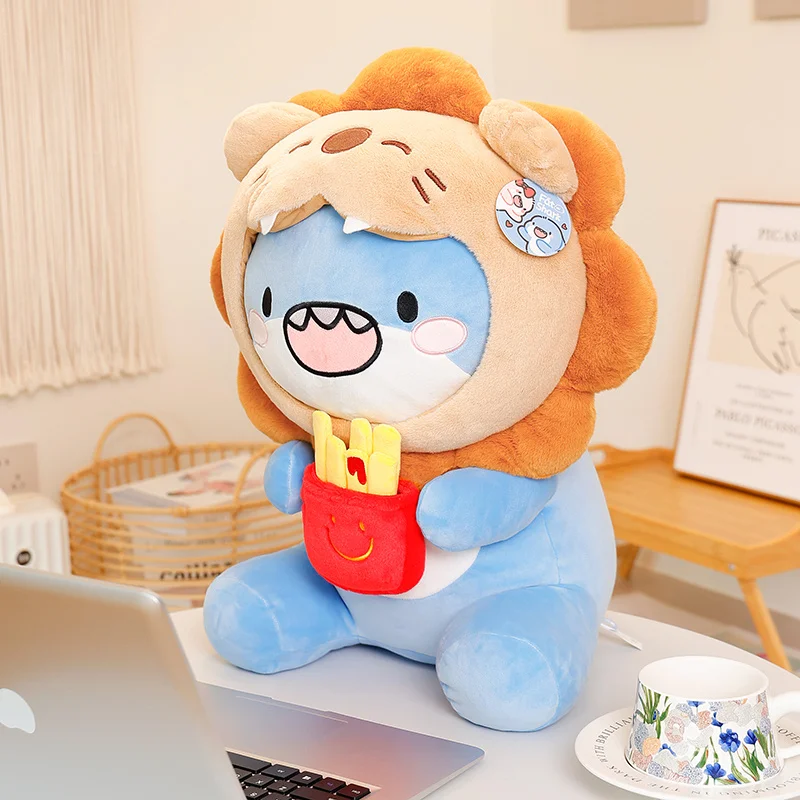 Gruby Niebieski Rekin Przytulający Frytki Zwierzęta Pluszowa Poduszka w Pozycji Siedzącej Miękka Poduszka Kreskówka Zawieszka do Kluczy Prezent na Urodziny dla Dziecka Halloween