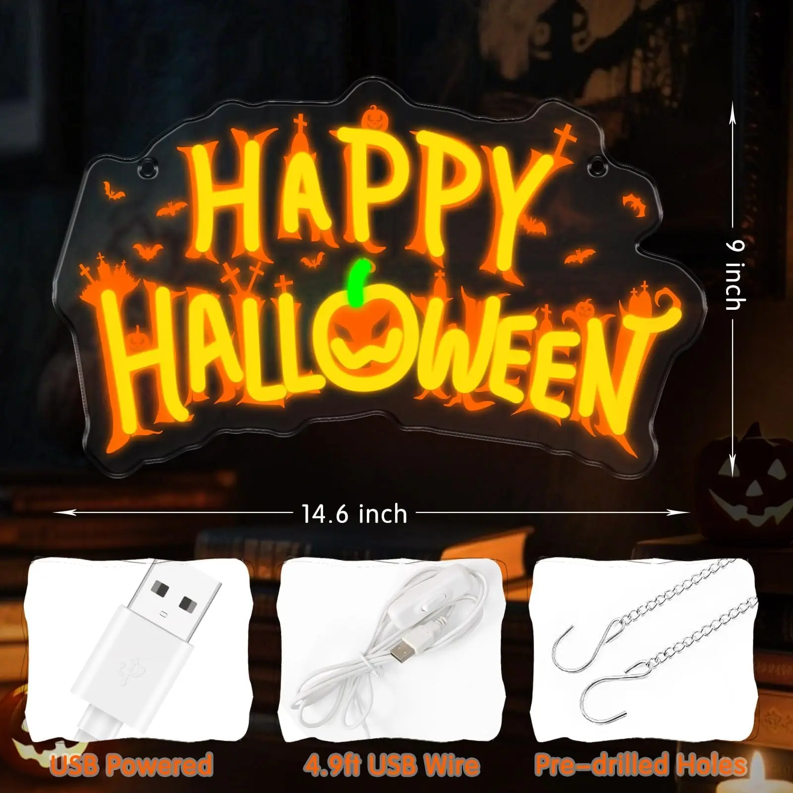 Happy Halloween Pumpkin LED Neon Sign for Wall Decor USB Powered Light Up Acrylic With Hooks Kids Room Living Room Party Decor