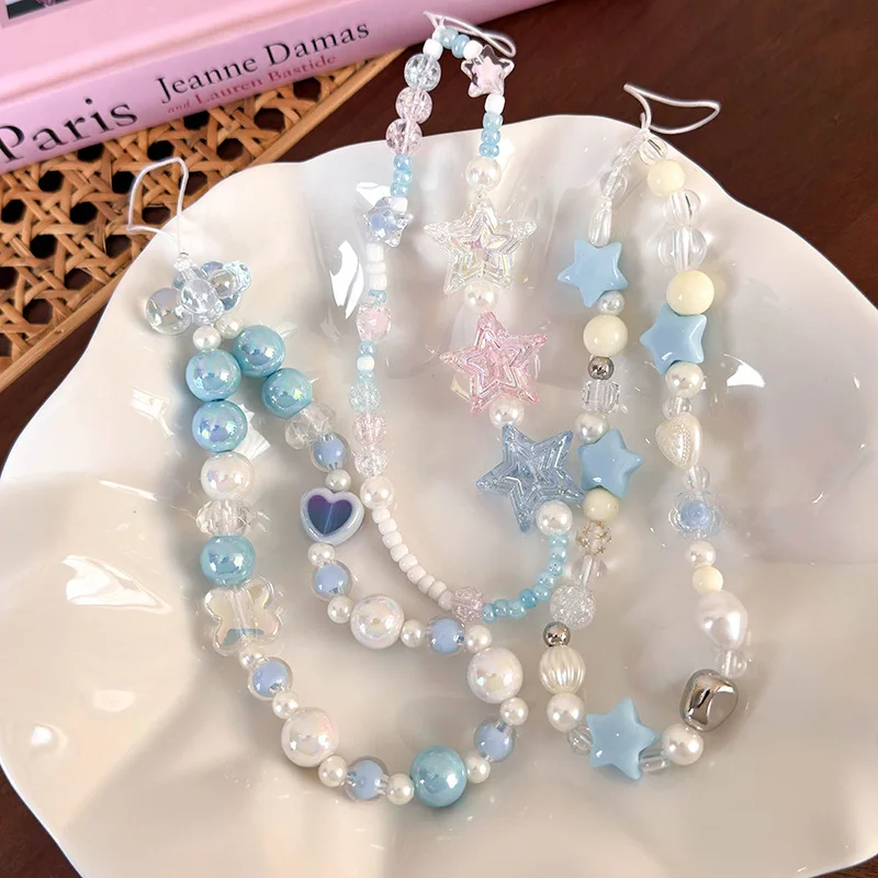 Beaded Pendant Y2K Mobile Phone Charms Heart Cellphone Chain Clouds Stars Phone Strap Korean Anti Lost Phone Lanyard view 3