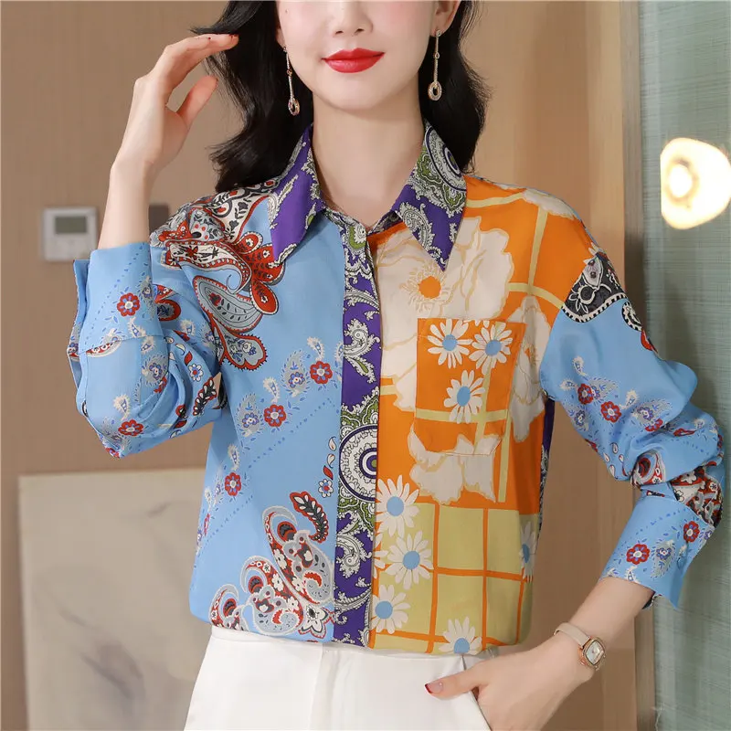 2025 Spring Shirt for Women Printing Long Sleeves Blouse Women Elegant Fashion OL Women Clothing Basic Flower Shirt Ladies Tops
