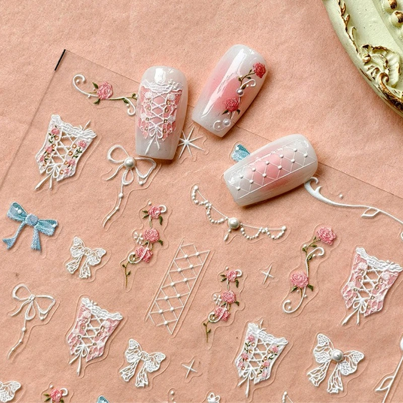 Retro Lace Corset Laced Bodice Wrap Top British Classical Dress Bowknot Rose Star Key Adhesive Nail Art Sticker Manicure Decals