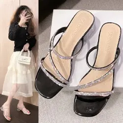 Women Mid Heeled Sandals Summer New Open Toe Rhinestone Fashion Sandals Personality Clear Square Heel Dressy Party Sandalias