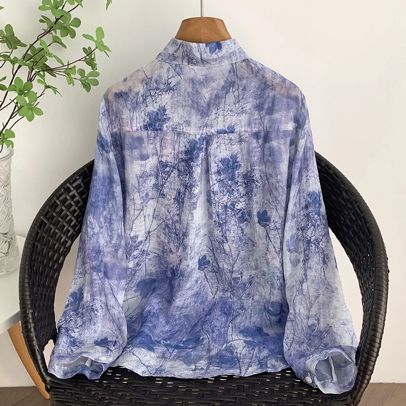 Lichtgewicht herfst nieuwe Sle paarse print irt dames casual losse pasvorm lange Sve veelzijdige top faionable artistieke blouse