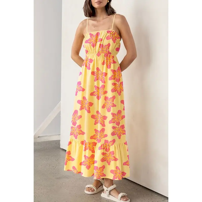 ผู้หญิงฤดูร้อนความงามดอกไม้พิมพ์แขนกุดปรับสายบางสแควร์คอBackless A-Line Slip Camiชุดยาว
