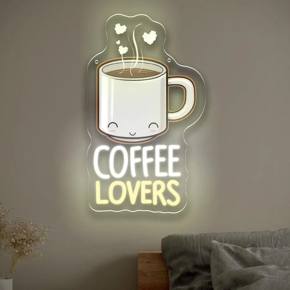 Coffee Lovers Neon Sign LED Wall Art USB Powered Acrylic Mug Heart Steam Glow Lamp Cafe Kitchen Breakfast Nook Warm Gift Decor
