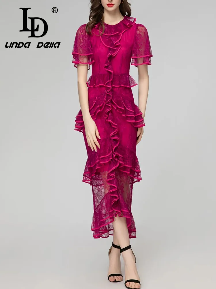 

LD LINDA DELLA 2024 Summer Fashion Designer Dress Women's Wine red Lotus leaf collar Cascading Embossed hollow Lace Dress