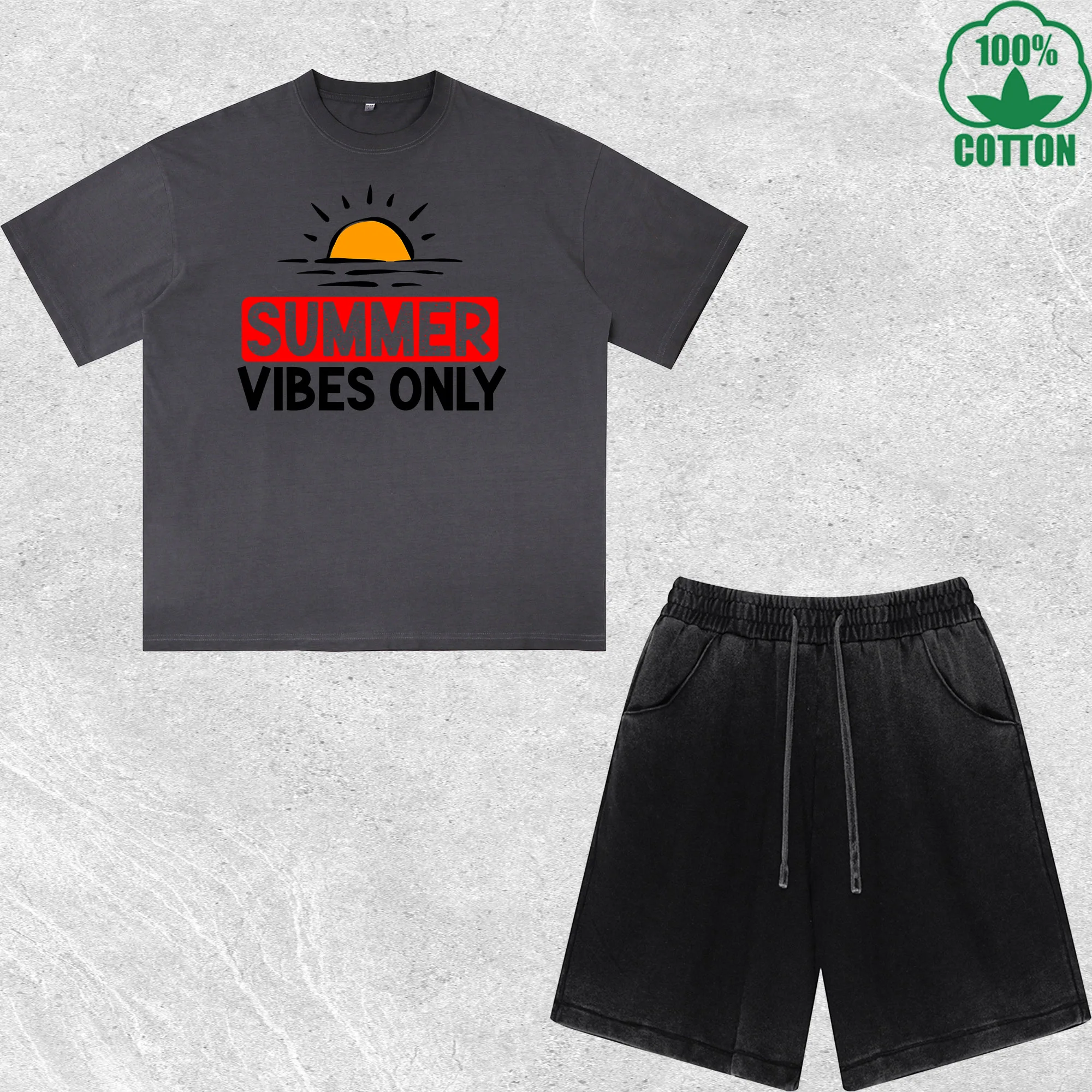

Summer Vibes Only Printed Dirty Wash T-Shirt Shorts Set Combo Loose Trendy Fashionable 100%Cotton Black Suit