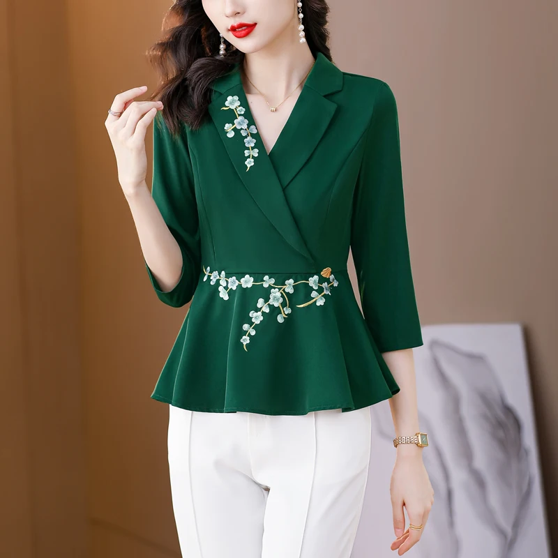 M-4XL Elegant Fashion Embroidery Blouse 3/4 Sleeve Ruffles Tops 2023 Spring Summer V neck Women Shirt