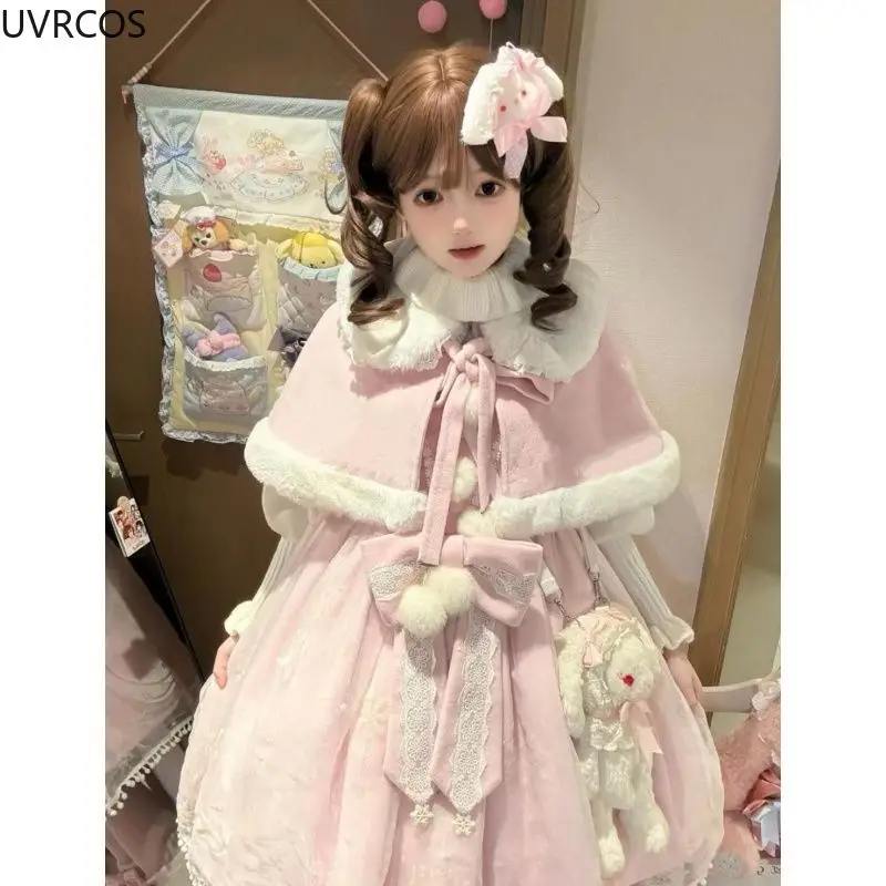 Japanese Kawaii Lolita Dress Sets Women Winter Plush Shawl Short Jackets Bow Princess Dress Korean Style Christmas New Year Suit