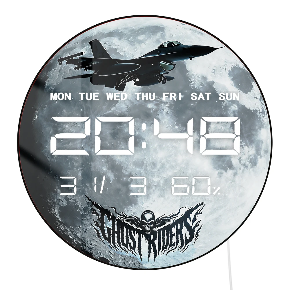 Full Moon Ghost Riders F16 Jet Airplane LED Digital Wall Clock Aviation Home Decor 12/24hour Jumbo Numbers Electronic Wall Clock