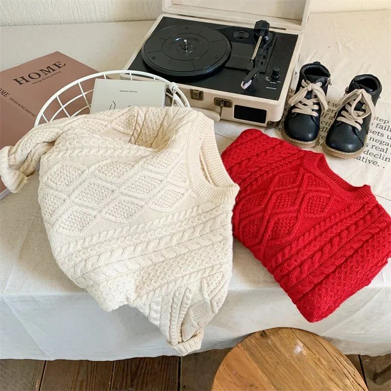 

Children's Autumn and Winter Sweaters Baby Girls Boys Red Knitted Tops Vest Tops Children's Korea2023 New Christmas Clothes