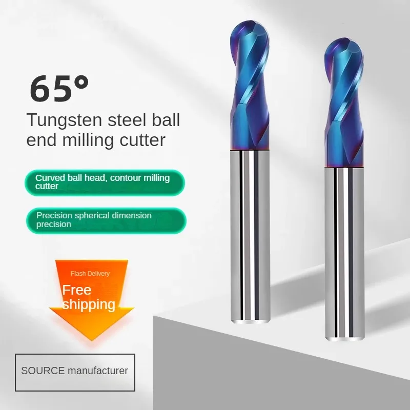 65 degree tungsten steel ball end milling cutter with hard alloy 2-blade R3 R4 R5 R6 blue nano coating