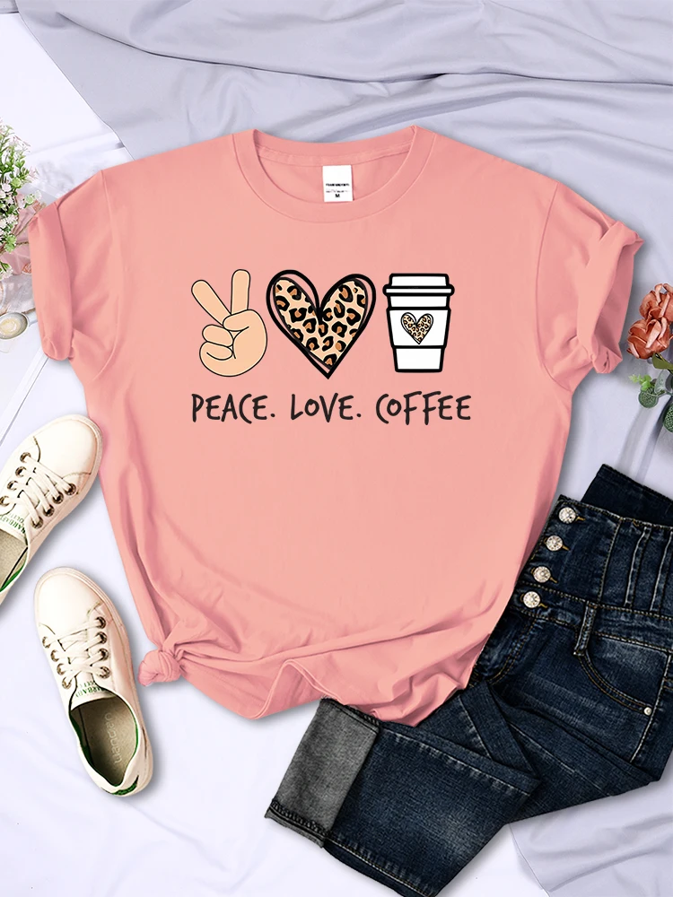 

Женские футболки с кофейным принтом Peace Love, хлопковые футболки высокого качества, брендовые дышащие футболки, уличная футболка с круглым вырезом для женщин