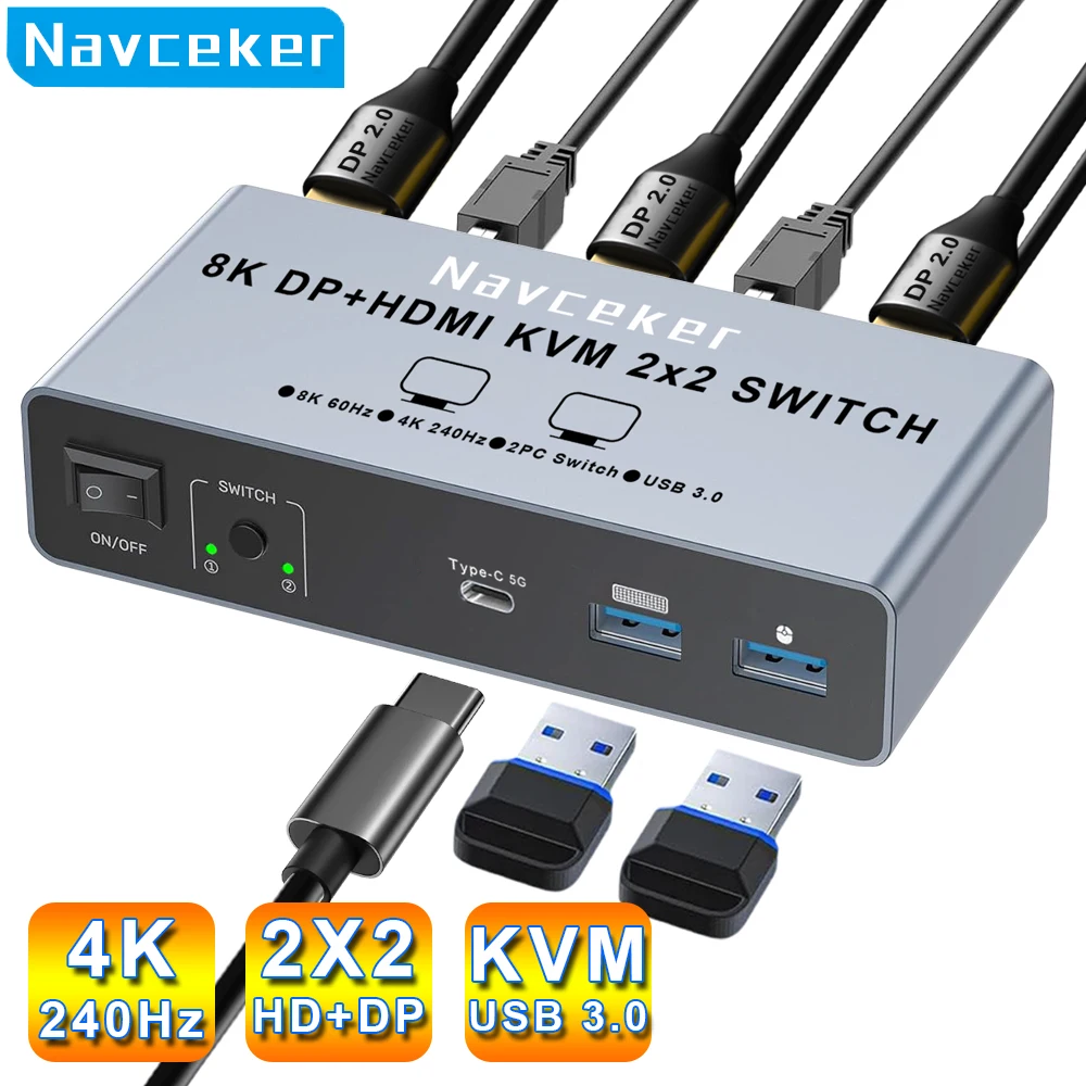 

Navceker 4K 240 Гц 2x2 HDMI DP KVM-переключатель с двойным монитором Расширенный дисплей USB KVM-переключатель 2 в 2 выхода для 2 компьютеров 2 монитора