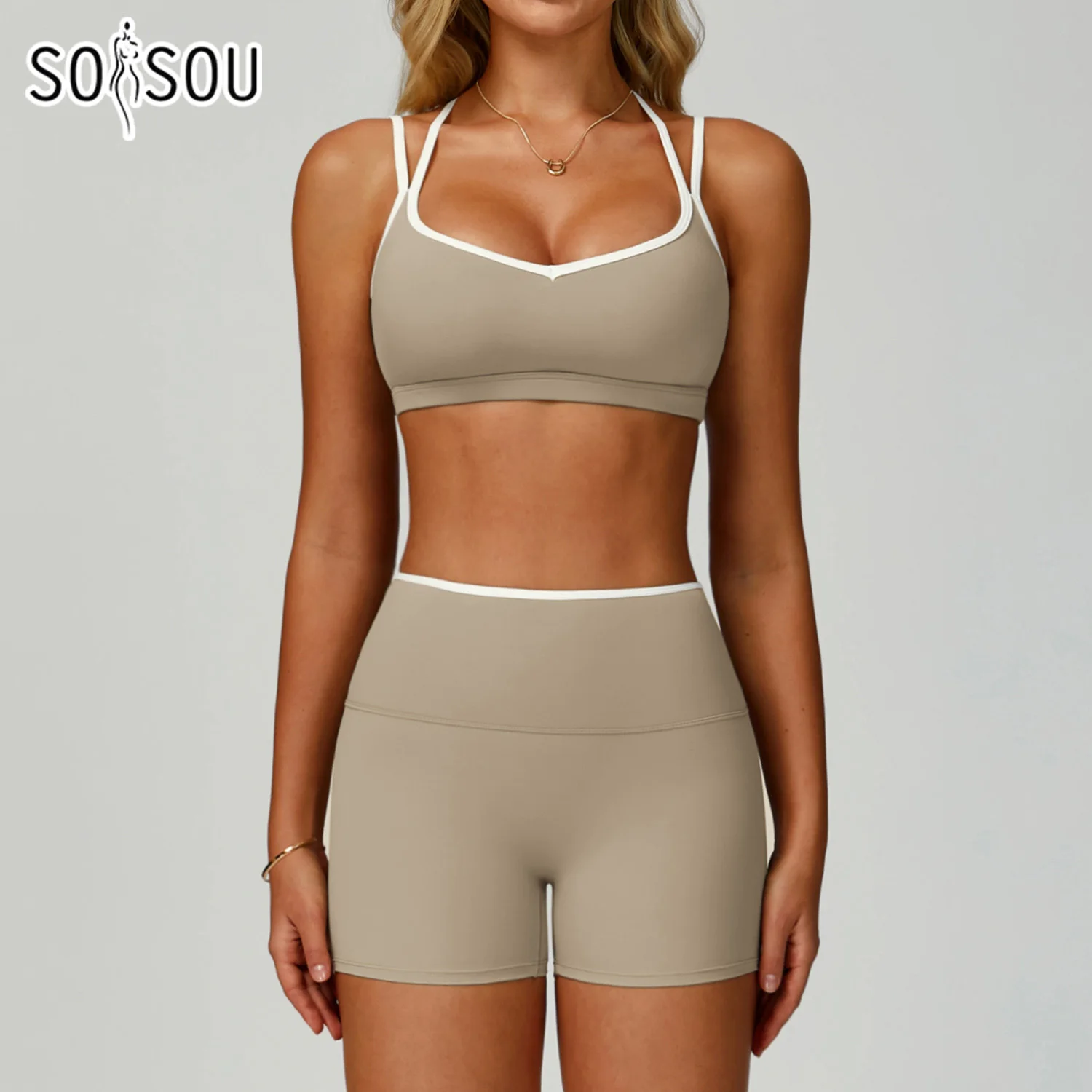 

SOISOU 2 Pieces Women Yoga Set Workout Outfits Fitness Clothes Gym Tracksuit High Waist Shorts Sports Bra Athletic Wear