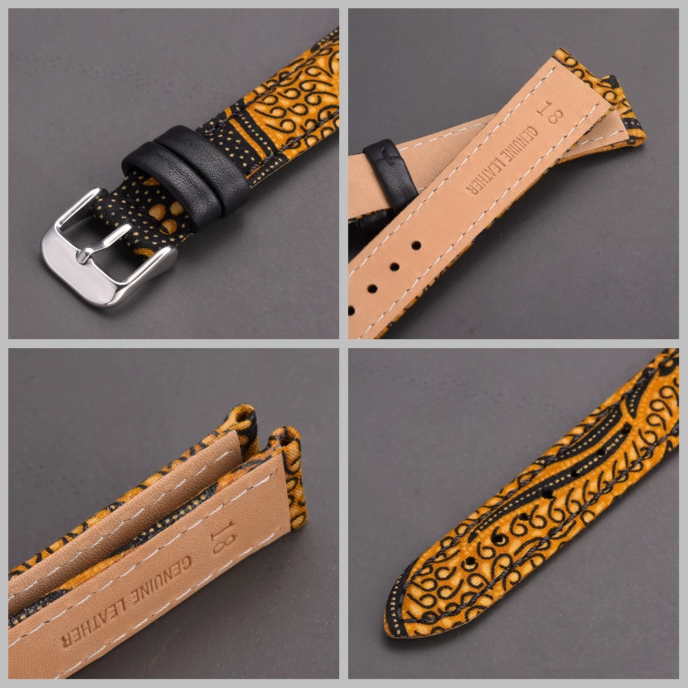 EACHE Tweed Watch Straps Wool Cloth Herringbone Pattern Watchband Genuine Leather Band 18mm 20mm 22mm