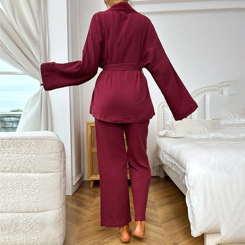 100% Cotton Women\'s Nightgowns Robe Kimono Pajama Set Sleepwear Trouser Suits Drop Sleeves Set Woman 2 Pieces Bathrobe For Women