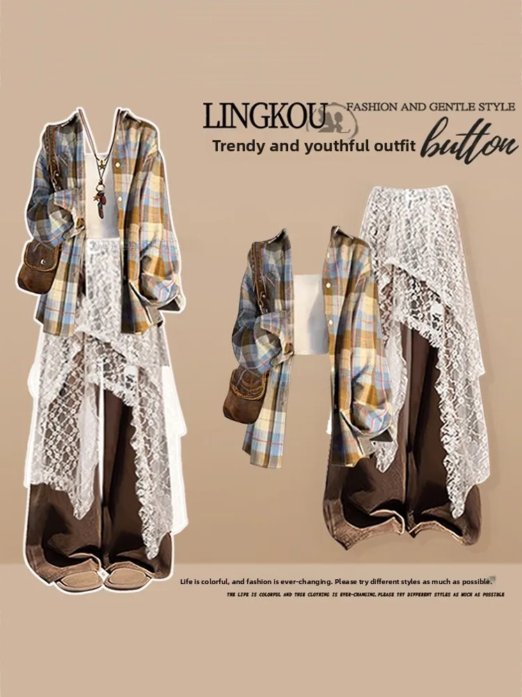 

Large Size Early Autumn Plaid Shirt Vintage Casual Pants Lace Dress Strap Four Piece Set Women's High End Fashion Ensemble