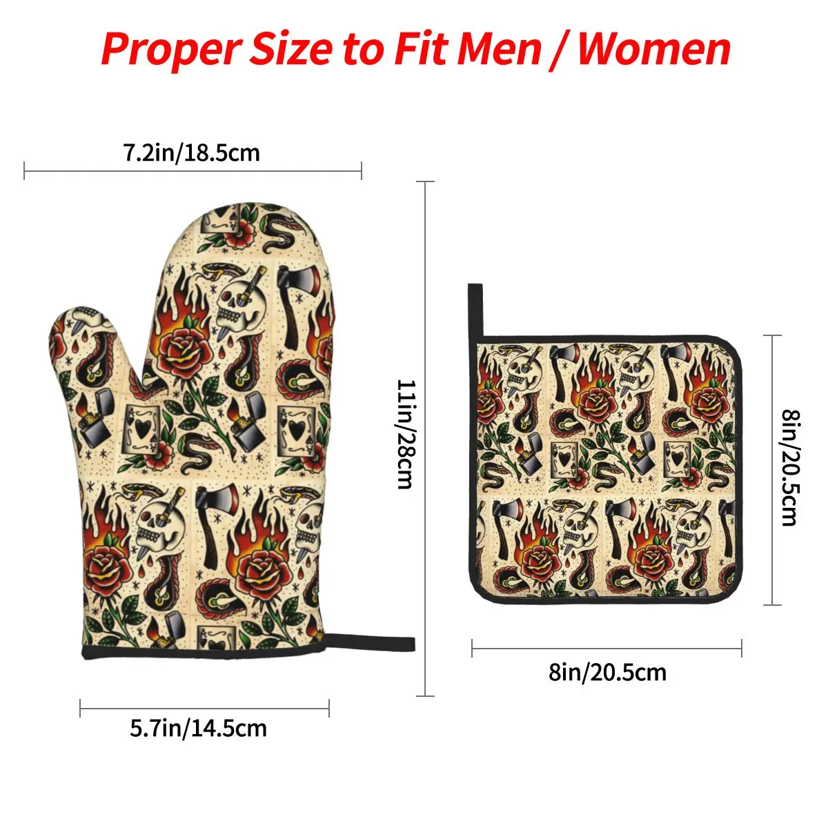 American Traditional Flash Pattern Tattoo Oven Mitts and Pot Holder Sets of 4 for Baking Cooking Resistant Non-Slip Gloves
