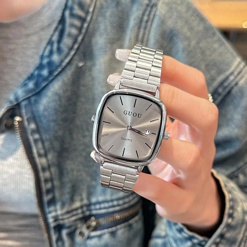 New Japanese Retro Style Watch Square Women'S Watch, Couple'S Watch With Calendar, Simple And Elegant Large Dial, Unique Design.