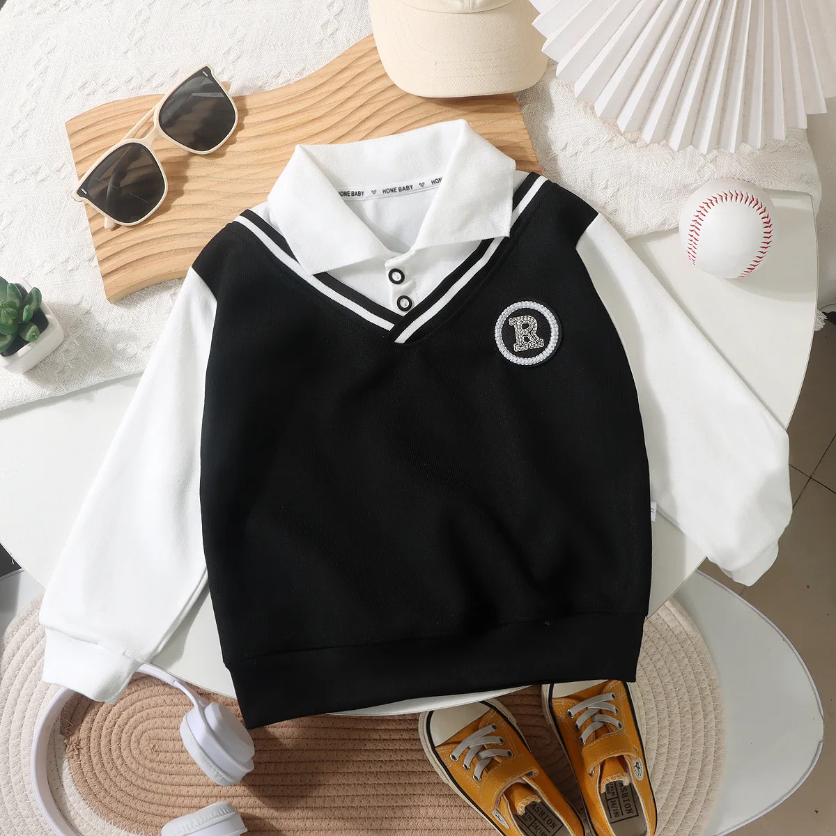 Spring Kids Preppy Style Clothes Fake Two-Piece Hoodie Polo Collar Sweatshirt 1-7Y Children School Uniform Top