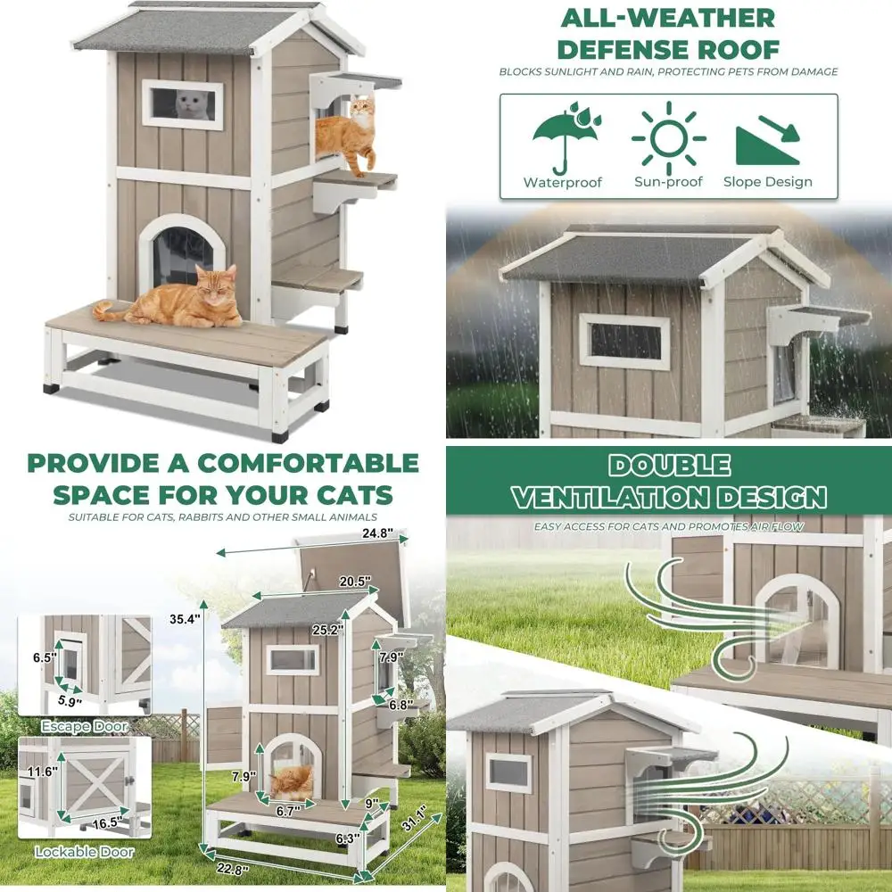 

Weatherproof Wooden Two-Story Cat House with Openable Roof, 4 Doors, Balcony, Outdoor Indoor Pet Shelter with Jumping Platforms