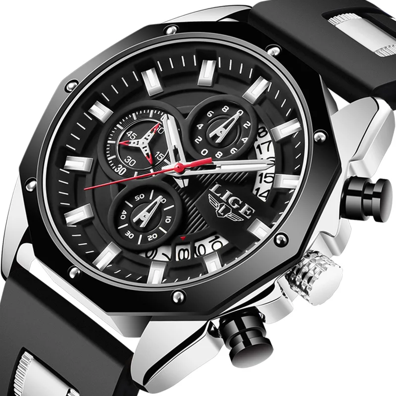 LIGE Top Brand Men\'s Watches Luxury Sports Silicone Quartz Wristwatch Waterproof Luminous Chronograph Watch for Men Date Clock