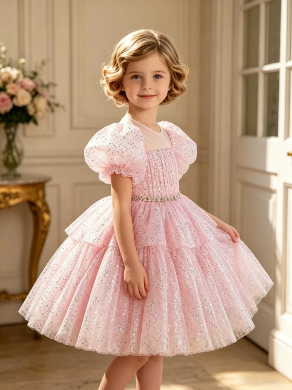Maßgeschneidertes Blumenmädchenkleid Hochzeitskleid Geburtstagsfeier Festkleid Puffärmel Pailletten Perlen Tüll Ballkleid Prinzessinnenkleid Für