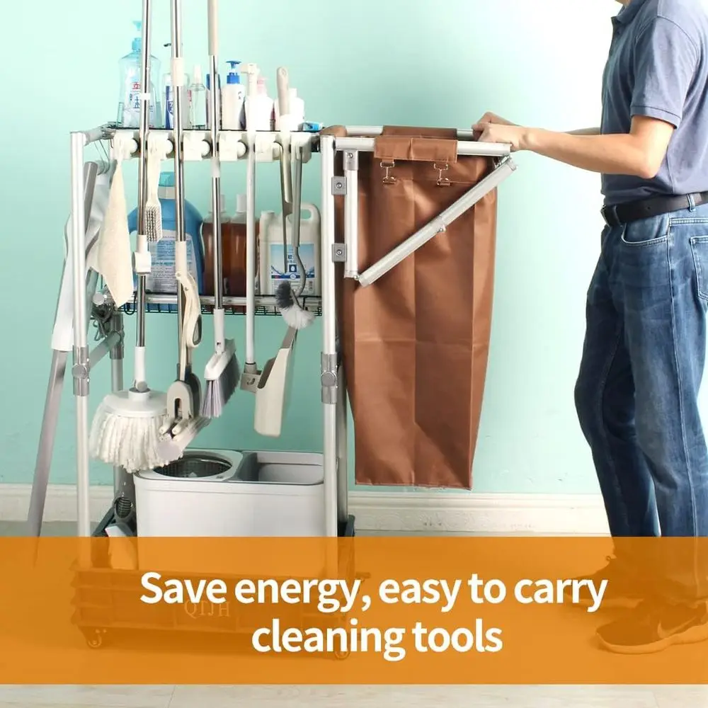 Troli Pembersih dengan Roda, Rak, dan Tempat Penyimpanan Sapu dan Pel