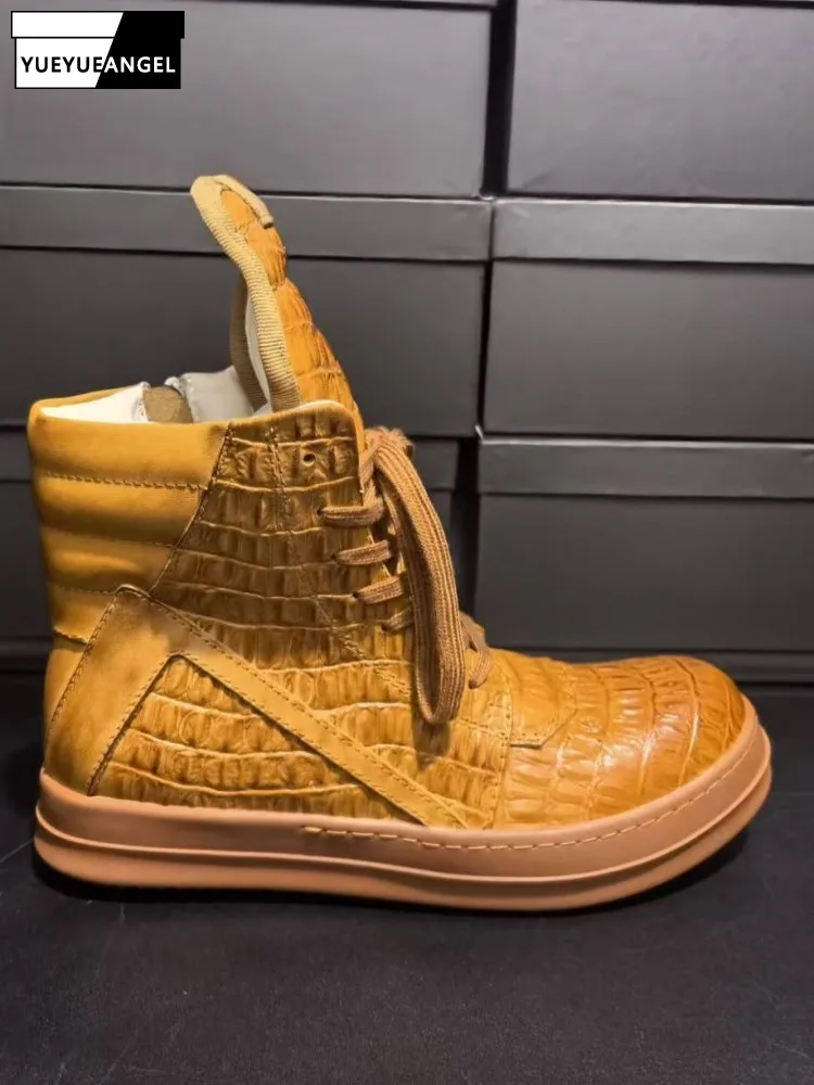 

Men Retro Yellow Genuine Cowhide Lace-Up Ankle Boots Side Zipper Snake Pattern High Top Shoes Crocodile patterned Footwear