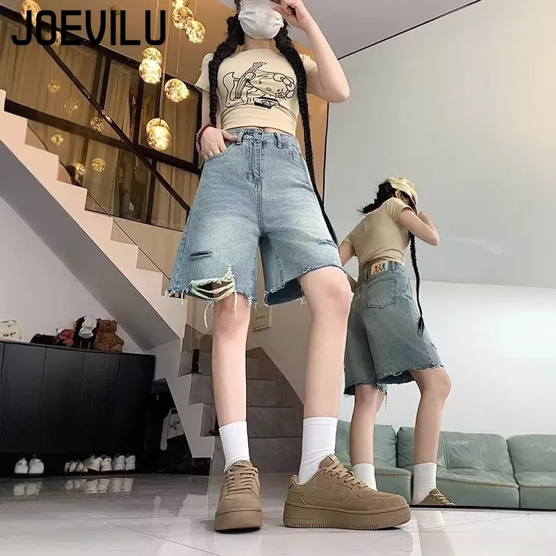 Summer Ripped Denim Bermuda Shorts High Waist Loose Straight Leg Slimming Plus Size Ins Trendy Five-Point Pants for Women Korean