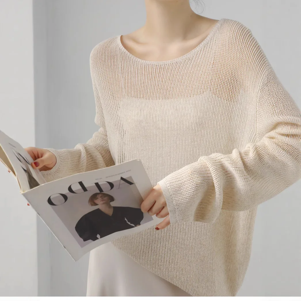 Women Knitted Pullovers Solid Cutout Sweaters Round Collar Long Sleeves Thin Loose Fit Office Lady Elegant Casual Summer 2026