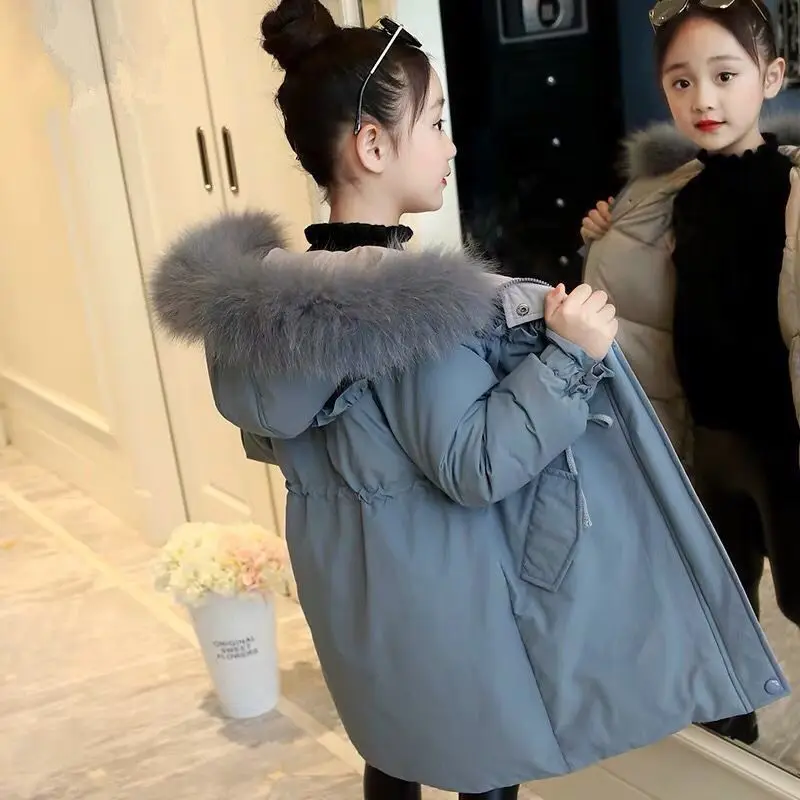 Winter Warm Jackets for Girls Two Colors Faux Fur Hooded Coat Kids White Duck Down Parkas Children Cotton Long Outwear