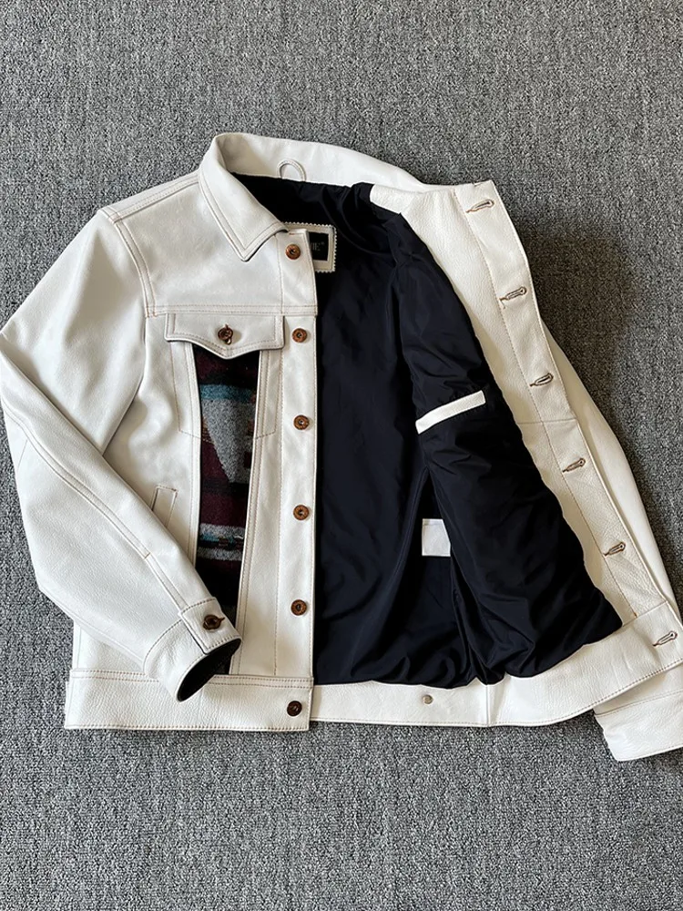 أزياء رجالي الخريف موتو السائق جلد البقر سترة جلدية حقيقية واحدة الصدر خمر نمط المرقعة معطف العمل حجم كبير 5XL