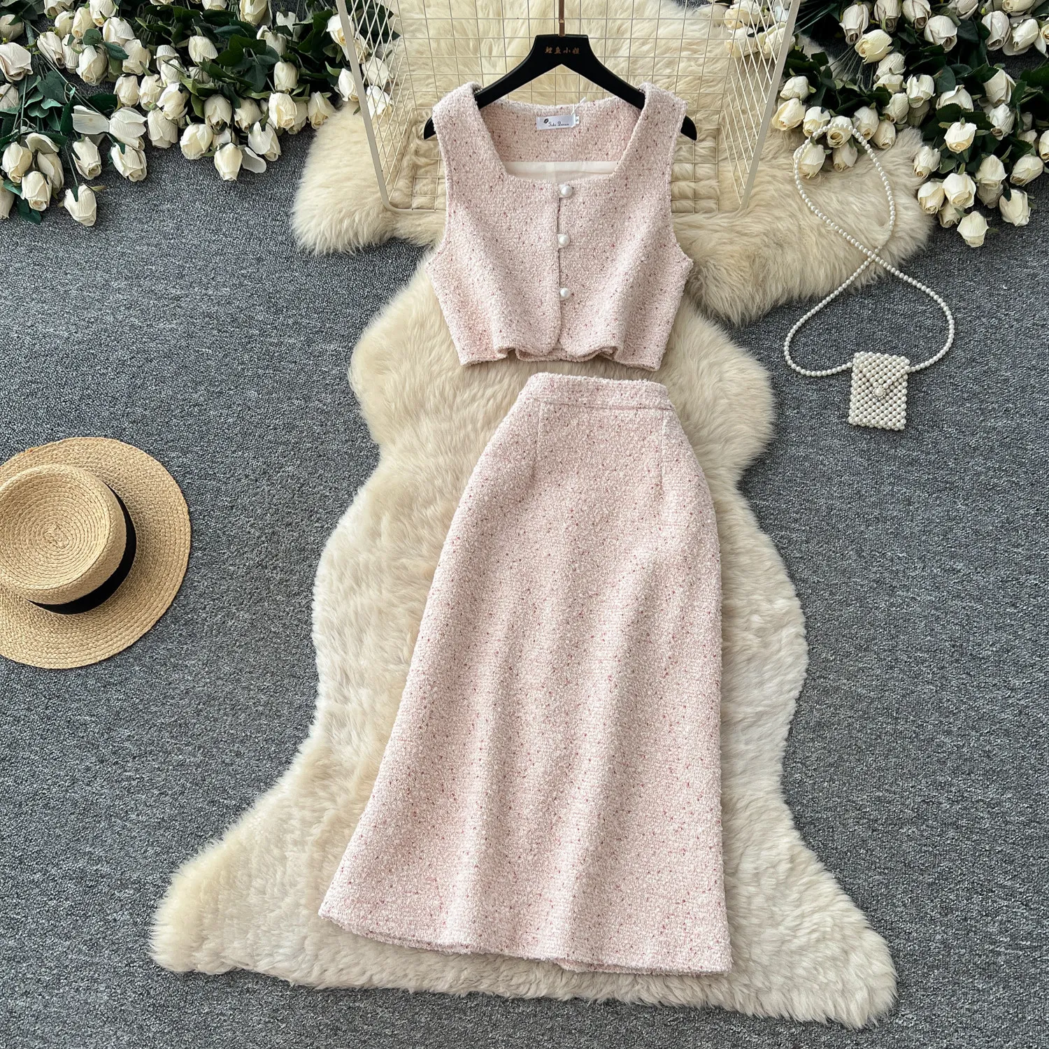 Elegant Style Sleeveless Skirt Set Women Tank Top and High Waist Skirt 2026 Autumn Commute Style High-end Sense Lady Skirts Set