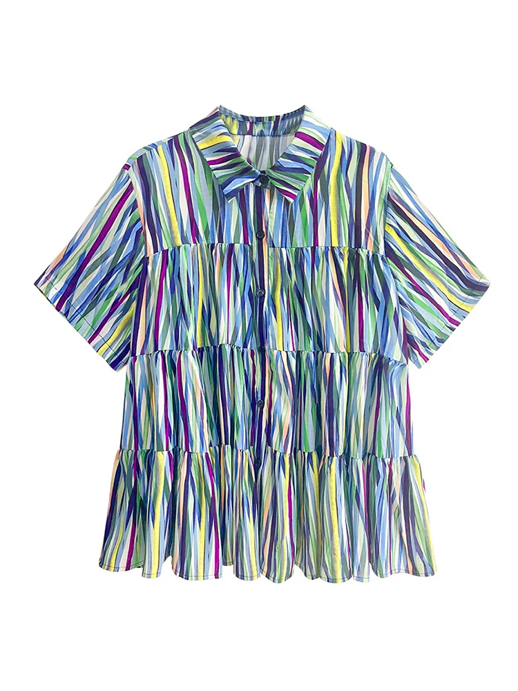 [Eam] feminino listra colorida tamanho grande blusa fina nova lapela manga curta solta ajuste camisa moda maré primavera verão 2024 1dh4288