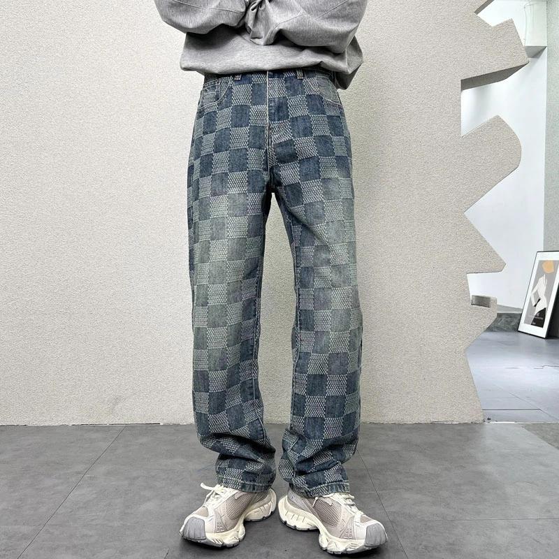

High Quality Vintage Blue Jeans Men Plaid Jacquard Pants Luxury Design Loosen Wide Leg Trousers