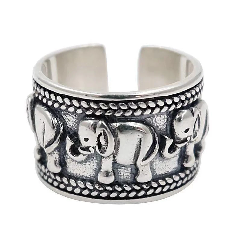 Punk Vintage Silvery Elephant Pattern Ring for Women Men Thai Nepal Ethnic Adjustable Open Finger Rings Pakistan Charm Jewelry