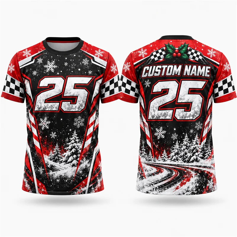 Custom Name Number Christmas Racing T Shirt Men Checkered Flag Graphic Short Sleeve Xmas Holiday Motorsport Streetwear Top Gift