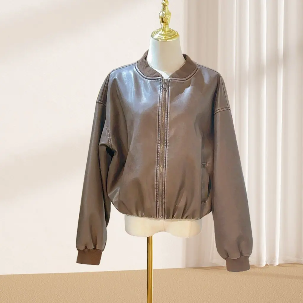 เสื้อแจ็คเก็ตหนัง PU สีน้ำตาลสำหรับผู้หญิง สไตล์วินเทจ แฟชั่นฤดูใบไม้ร่วงและฤดูหนาว เสื้อคลุมลำลองสำหรับสุภาพสตรี