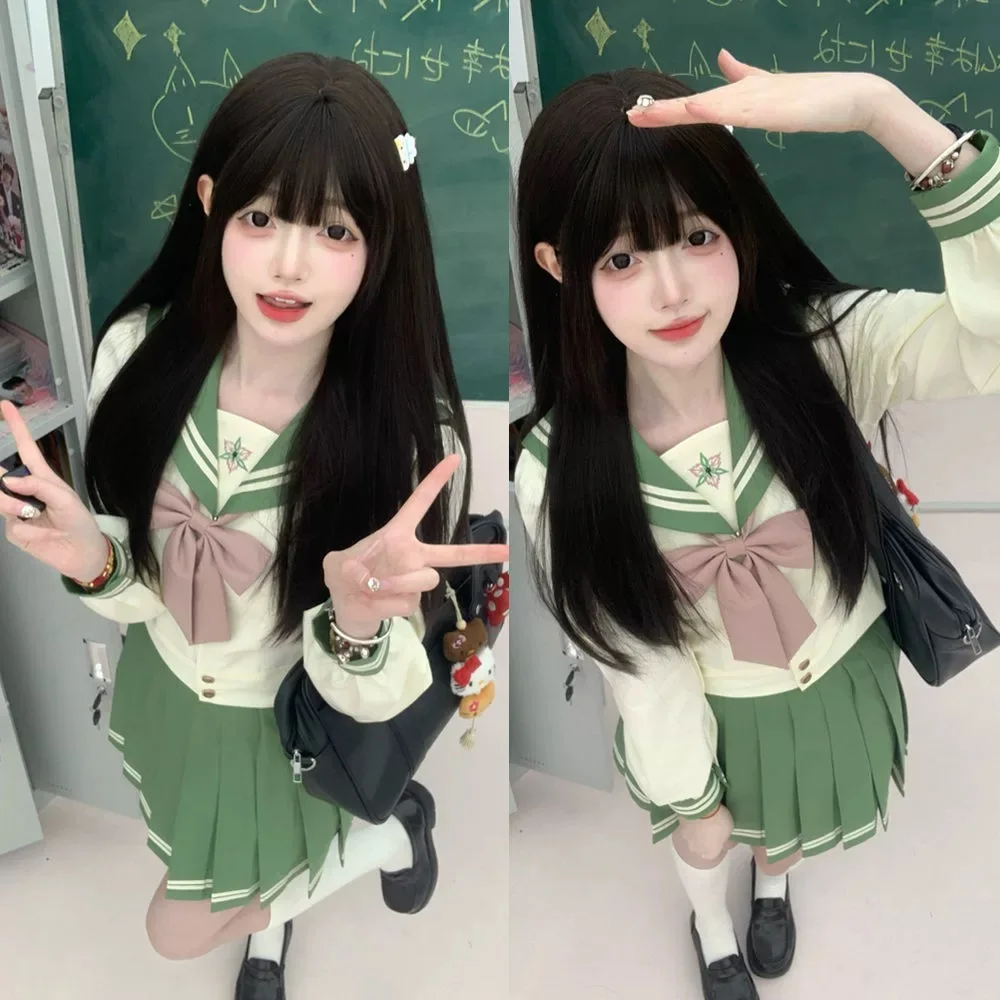 

Japanese School Uniform Girl Sailor Outfit Spring Green Sailor Suits Basic Korean Jk Uniforms Set Women Long Sleeve Seifuku