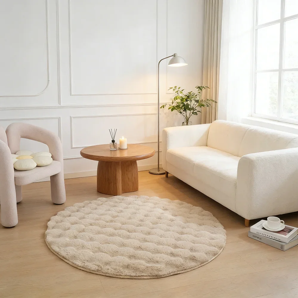 Luxury Faux Rabbit Fur Rug Round Soft Plush Bubble Texture Carpet Non-Slip Kids Bedroom Floor Rugs Circle Living Room Home Decor