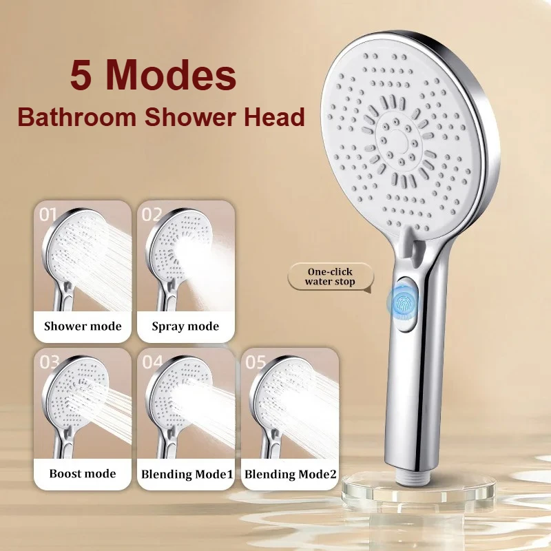 High Pressure Shower Head with One-click Stop Adjustable 5 Modes Shower Head Handheld Powerful Spa Spray Bathroom Accessories