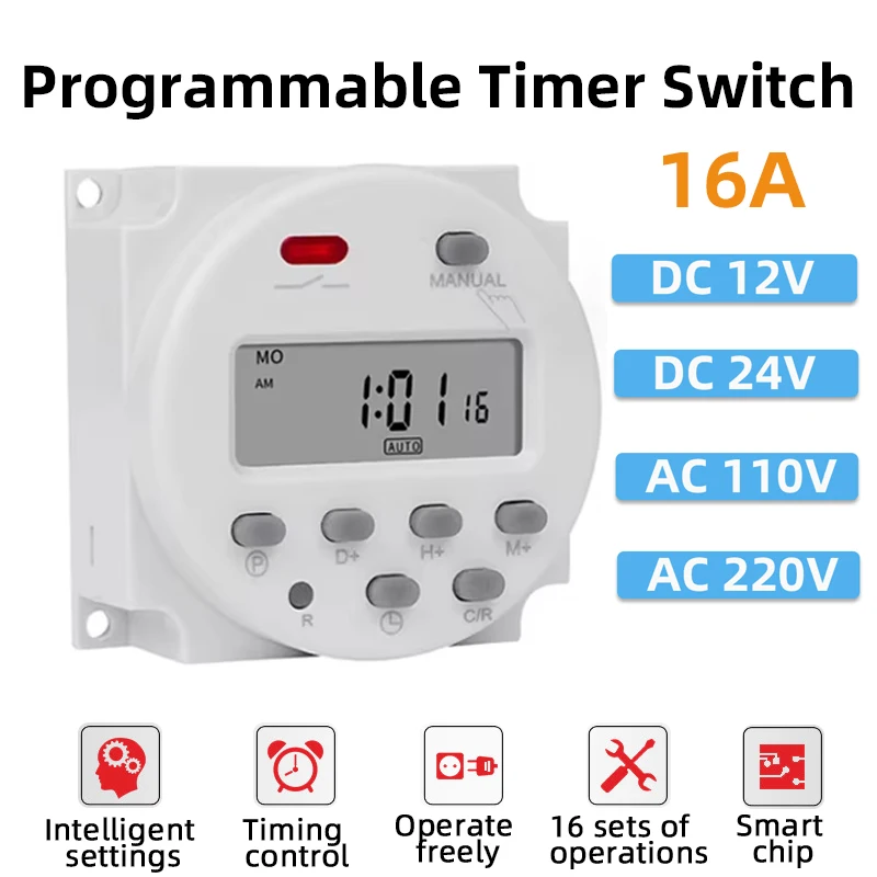 12V 24V 110V 220V Digital LCD Timer Switch 16 Groups of Timing Settings Programmable Time Switch Relay 16A High Current