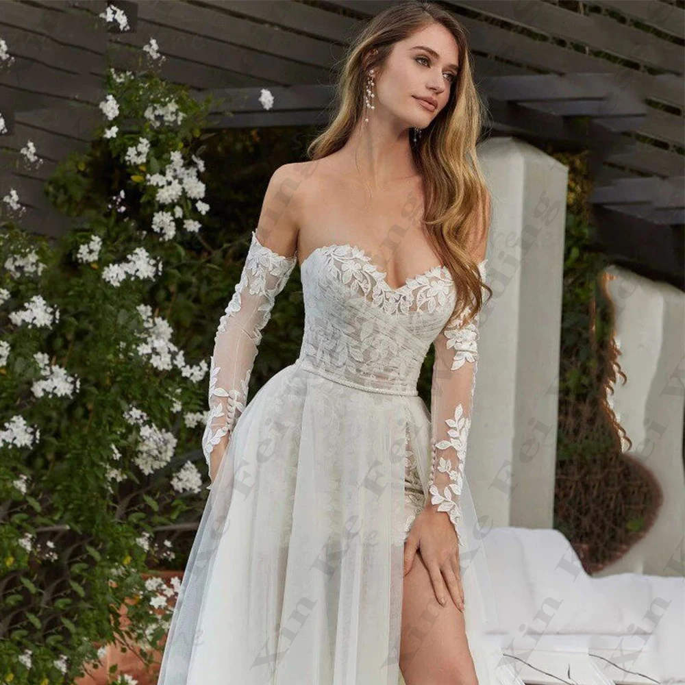 Sexy Off Shoulder Bridal Gowns with Side High Split Lace Princess Prom Wedding Dresses Formal Beach Party 2024 Vestidos De Novia