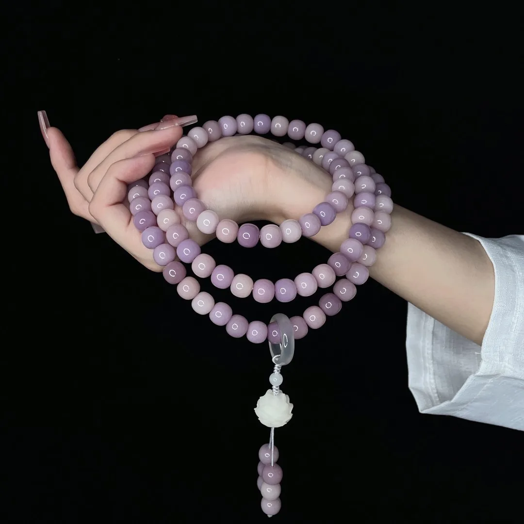 Purple Xia Fairy White Jade Bodhi Handstring with 108 pieces female original handmade lotus style ancient style high oil jewelry