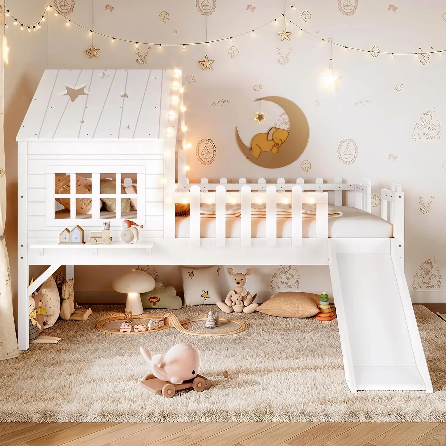 Twin House Loft Bed with Slide, LED & Star Moon Design for Kids, White | Low Loft Bed with Ladder & Window, No Box, Customized
