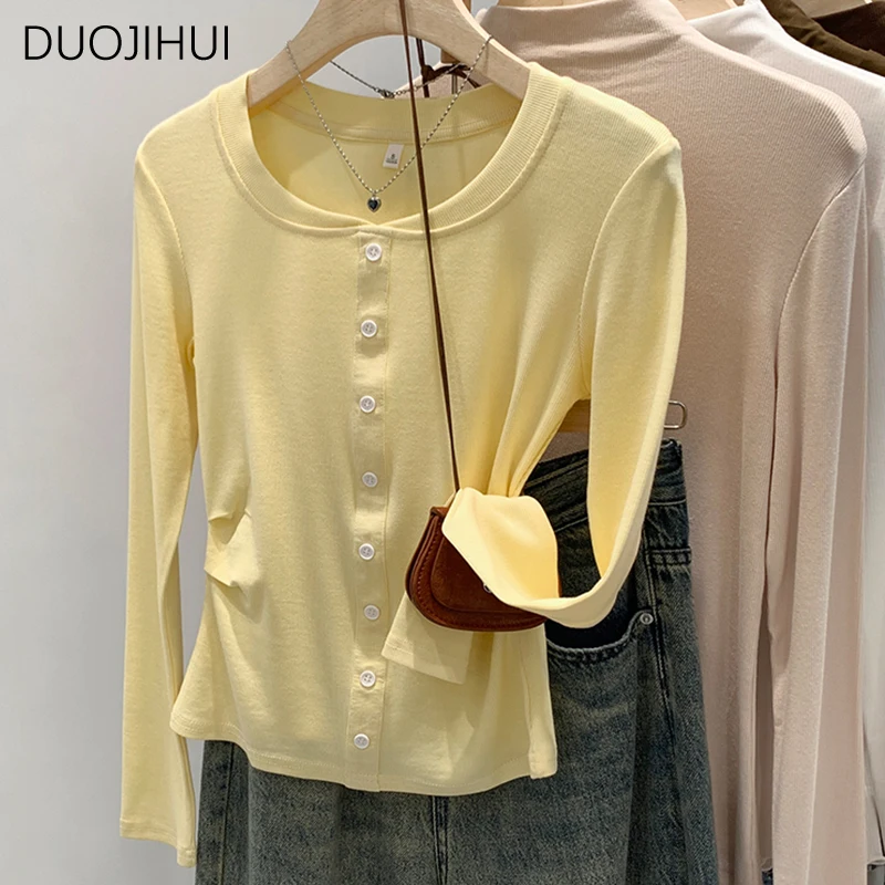 DUOJIHUI Yellow Classic O-neck Simple Casual Women T-shirts Autumn Chic Button Pure Color Basic Long Sleeve S-XL Female T-shirts